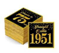 1951 75th Birthday Napkins, Black Gold 75th Birthday Decorations for Men Woman Cheers to 75 Years Straight Outta 1951 Anniversary Party Cocktail Napkins Disposable 50PCS, 6.5x6.5 Inches