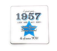 1957 - A great year. A Year You Were Born Coaster with Two Celebrities That Were Born In the Same Year. Gift, Present, Christmas, Birthday, Anniversary, Stocking Filler, Father's Day, Mother's Day
