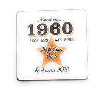 1960 - A great year. A Year You Were Born Coaster with Two Celebrities That Were Born In the Same Year. Gift, Present, Christmas, Birthday, Anniversary, Stocking Filler, Father's Day, Mother's Day
