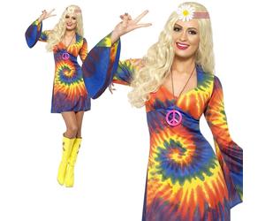 1960s 1970s Tie Dye Costume Hippy Hippie Retro Womens Ladies Fancy Dress New
