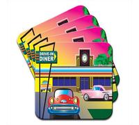 1960s Drive in American Diner Scene Set of 4 Coasters