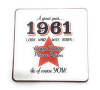 1961 - A great year. A Year You Were Born Coaster with Two Celebrities That Were Born In the Same Year. Gift, Present, Christmas, Birthday, Anniversary, Stocking Filler, Father's Day, Mother's Day