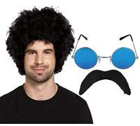 1970s Afro Curly Wig | Blue Tinted Glasses | Fake Moustache | Funky Disco Party Costume | 3-Piece Set