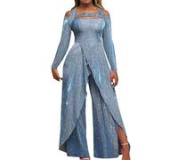 1970's Disco Fancy Dress, Women's Dancing Queen Mama Mia Cosplay Party Costumes Sequined Jumpsuit Formol Elegant Long Sleeve High-Waist Bodysuit Romper Playsuit Blue XXL