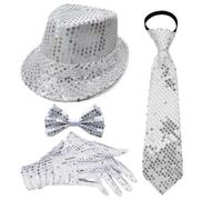 1970s Disco Party Costume Accessories Set for Adults with Sparkly Hat Gloves Necktie and Bow Tie for Music Festival Halloween Costume Party (Silver,One Size)