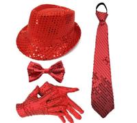 1970s Disco Party Costume Accessories Set for Adults with Sparkly Hat Gloves Necktie and Bow Tie for Music Festival Halloween Costume Party (Red,One Size)