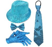 1970s Disco Party Costume Accessories Set for Adults with Sparkly Hat Gloves Necktie and Bow Tie for Music Festival Halloween Costume Party (Sky Blue,One Size)