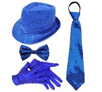 1970s Disco Party Costume Accessories Set for Adults with Sparkly Hat Gloves Necktie and Bow Tie for Music Festival Halloween Costume Party (Royal Blue,One Size)