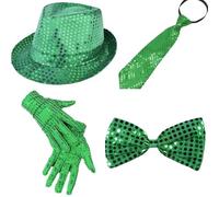 1970s Disco Party Costume Accessories Set for Adults with Sparkly Hat Gloves Necktie and Bow Tie for Music Festival Halloween Costume Party (Green,One Size)