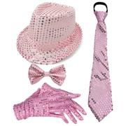 1970s Disco Party Costume Accessories Set for Adults with Sparkly Hat Gloves Necktie and Bow Tie for Music Festival Halloween Costume Party (Pink,One Size)