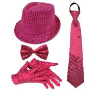 1970s Disco Party Costume Accessories Set for Adults with Sparkly Hat Gloves Necktie and Bow Tie for Music Festival Halloween Costume Party (Rose,One Size)