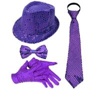 1970s Disco Party Costume Accessories Set for Adults with Sparkly Hat Gloves Necktie and Bow Tie for Music Festival Halloween Costume Party (Purple,One Size)
