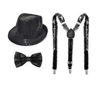 1970s Disco Party Costume Accessories Set for Adults with Sparkly Hat Suspenders and Bow Tie for Halloween Mardi Gras 60s 70s Party (Black,One Size)