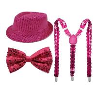 1970s Disco Party Costume Accessories Set for Adults with Sparkly Hat Suspenders and Bow Tie for Halloween Mardi Gras 60s 70s Party (Rose,One Size)