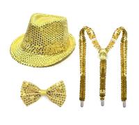 1970s Disco Party Costume Accessories Set for Adults with Sparkly Hat Suspenders and Bow Tie for Halloween Mardi Gras 60s 70s Party (Gold,One Size)