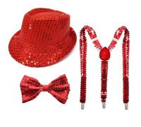 1970s Disco Party Costume Accessories Set for Adults with Sparkly Hat Suspenders and Bow Tie for Halloween Mardi Gras 60s 70s Party (Red,One Size)