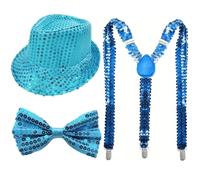 1970s Disco Party Costume Accessories Set for Adults with Sparkly Hat Suspenders and Bow Tie for Halloween Mardi Gras 60s 70s Party (Sky Blue,One Size)