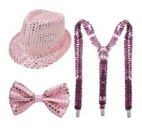 1970s Disco Party Costume Accessories Set for Adults with Sparkly Hat Suspenders and Bow Tie for Halloween Mardi Gras 60s 70s Party (Pink,One Size)