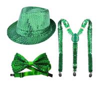 1970s Disco Party Costume Accessories Set for Adults with Sparkly Hat Suspenders and Bow Tie for Halloween Mardi Gras 60s 70s Party (Green,One Size)