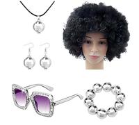 1970s Domens Disco Accessories Set - 5-Piece Rapper Costume Kit with Afro Wigs, Big Earrings, Retro Sunglasses, Disco Ball Necklace | Perfect 70s Theme Party Outfit For