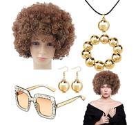 1970s Domens Disco Accessories Set - 5-Piece Rapper Costume Kit with Afro Wigs, Big Earrings, Retro Sunglasses, Disco Ball Necklace | Perfect 70s Theme Party Outfit For