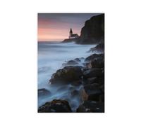 198. Norwegian Fjord Landscape Photography, with Long-exposure Atomized Waves Crashing Against Granite Cliffs, Details of Lichen, Moss And Spray, Cool Gray Sky.png Canvas Poster Wall Art Decor Print P