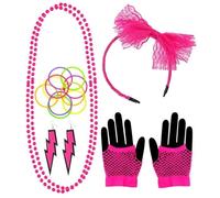 Widmann - 80s fashion fancy dress set, neon, headband, pearl necklaces, earrings, fingerless mesh gloves, 10 bracelets, disco, 80s, carnival, theme party