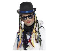 Smiffys Chameleon Bowler Hat, Black with Multi-Coloured Plaits, 1980's Fancy Dress, 1980s Dress Up Hats