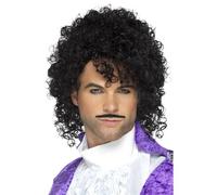 Prince Style 80s Curly Black Wig and Moustache Kit