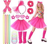1980s Fancy Dress Costume Set for Girls, 80s Neon Retro Outfit Set with Tutu Skirt Gloves Leg Warmers Headband Earrings Bracelets Necklaces Glasses Scrunchies for Women 80s Theme Cosplay Hen Do Party