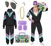 1980s Fancy Dress Men Shell Suit 80 90s Fancy Dress Costumes for Men Women Adult Retro Rave Scouser Stag Do Outfit 80s Costume Dress up Men's 80s Tracksuit Black Jackets Pants Accessories (XXL)