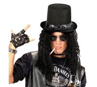 1980s Rockstar Slash Style Black Top Hat, Wig, Choker, Gloves and Glasses
