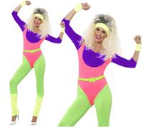 Smiffys 80s Work Out Costume, with Jumpsuit, Neon, M - UK 12-14