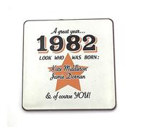 1982 - A great year. A Year You Were Born Coaster with Two Celebrities That Were Born In the Same Year. Gift, Present, Christmas, Birthday, Anniversary, Stocking Filler, Father's Day, Mother's Day