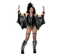 Smiffys Fever Rockstar Costume for Women, Small Sexy Black Vinyl Bodysuit with Studded Wing Sleeves - Glam Rock Fancy Dress for Festivals, Gigs, Stage Shows & Halloween