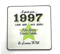 1997 - A great year. A Year You Were Born Coaster with Two Celebrities That Were Born In the Same Year. Gift, Present, Christmas, Birthday, Anniversary, Stocking Filler, Father's Day, Mother's Day