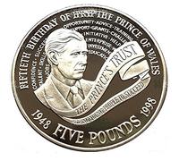 1998 United Kingdom "Prince Charles' 50th Birthday" Brilliant Uncirculated Proof £5 Five Pound Crown Coin with Capsule Holder in a Pouch Wallet