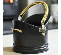 19cm Polished Brass & Black Iron Traditional Heavy Duty Coal Scuttle & Log Bucket - Metal Fireplace Storage Container for Wood, Kindling & Ash - Fireside Accessory for Hearth, Cabin & Home