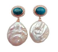 19mm Freshwater Cultured White Keshi Pearl Coin Shape Blue Apatite Pave Dangle Earrings