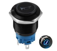 19MM Speaker Horn Momentary Push Button Switch, 12V Red Led Light 1NO 1NC SPDT with Pre-wiring Wires Connections for Car Audio Modification BKG19LB-R 3/4" Mounting Hole Black Stainless Steel Shell