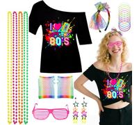 19Pcs 80s T-Shirt Set for Women, 1980s Retro Fancy Dress Accessories with Top Fishnet Gloves Earrings Headband Shutter Glasses Bracelet Necklace for Girls Costume Outfit Hen Do Party (Rainbow, L)