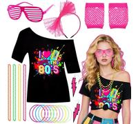 19Pcs 80s T-Shirt Set for Women, 1980s Retro Fancy Dress Accessories with Top Fishnet Gloves Earrings Headband Shutter Glasses Bracelet Necklace for Girls Costume Outfit Hen Do Party