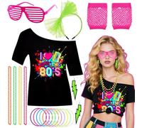 19Pcs 80s T-Shirt Set for Women, 1980s Retro Fancy Dress Accessories with Top Fishnet Gloves Earrings Headband Shutter Glasses Bracelet Necklace for Girls Costume Outfit Hen Do Party