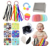 19Pcs Baby Sensory Toy Set, Baby Sensory Foil Blanket Baby Themed Crepe Paper Silk Scarf Ribbon Rattle Chew Toys Teether Feathers,for Babies 0 3 6 9 12 Months, Sensory Toy for Autism ADHD & Newborn