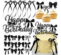 19Pcs Black Bow Cake Topper Bow Cupcake Toppers Bow Cake Toppers Bow Cake Decor Ribbion Bows for Cake Decorating Bow Cake Decorations Acrylic Happy Birthday Cake Topper Bow Party Decor