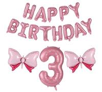 19pcs Bow Happy Birthday Number Balloons Set, Aluminum Foil Pink Jumbo Bow Letter Balloons Banner for Girl Birthday Party Princess Coquette Party Decoration Supply (Number 3)