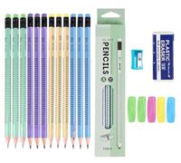 19PCS HB Pencils Set, School Graphite Pencil Presharpened Pencil Writing Pencils With Rubber On The End Wood Triangle Shaped Pencil with 1 Eraser 1 Sharpener 5 Pencil Grips for Handwriting and Drawing