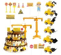 19pcs Mini Digger Cake Decorations - Digger Birthday Decorations with Road Toy Sign, Construction Cake Decoration, Tractor Cake Topper, Kids Party Toys, Diggers Construction Vehicles Party Decoration