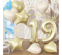 19th Birthday Balloon Champagne Gold for Women, 40'' Self Inflating Number 19 Foil Balloon with Light Gold Cream Heart Star Balloons Anniversary Decorations, XXL 19 Balloon for Graduation Party Decor