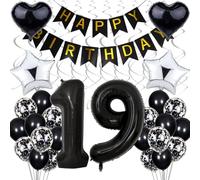 19th Birthday Balloon Decoration - Black and White Party Decor for Boy or Girl - Silver Accents